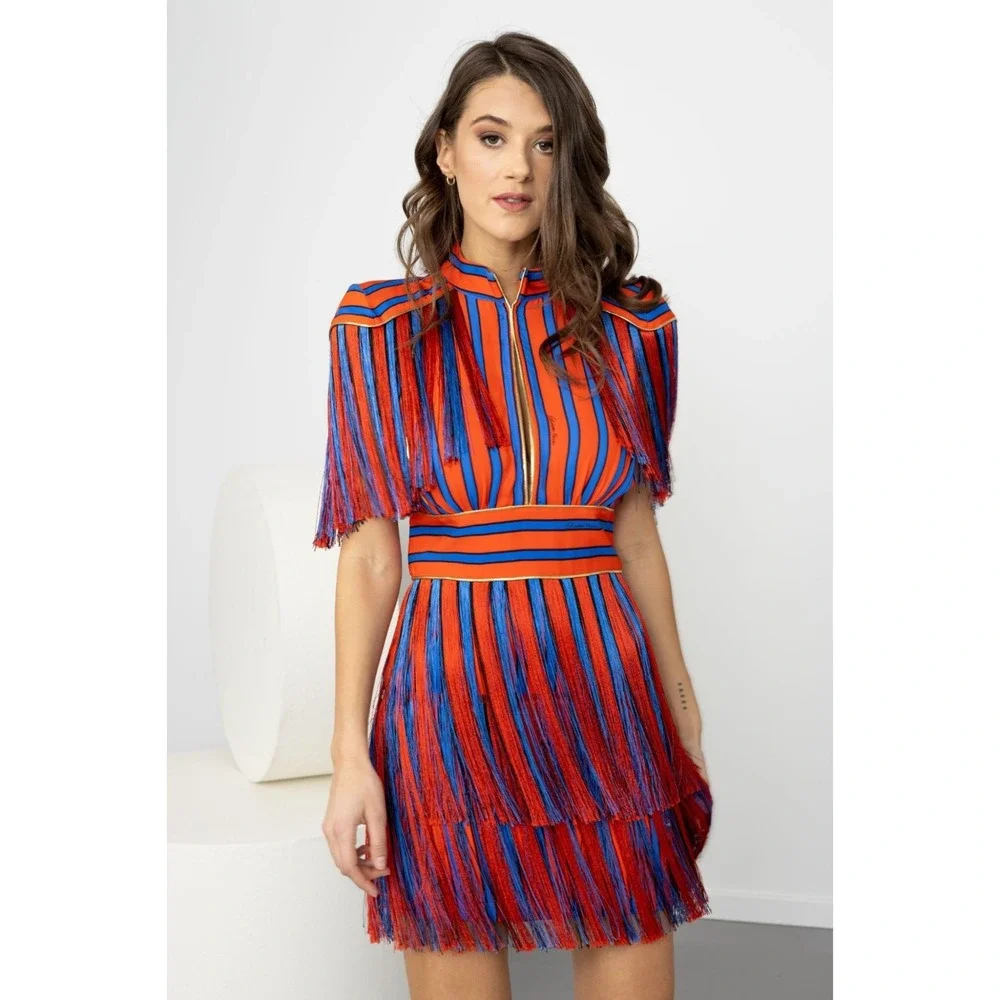 Womens Dress Stripe Red Blue Fringe Tassel Mini Party Costume Circus